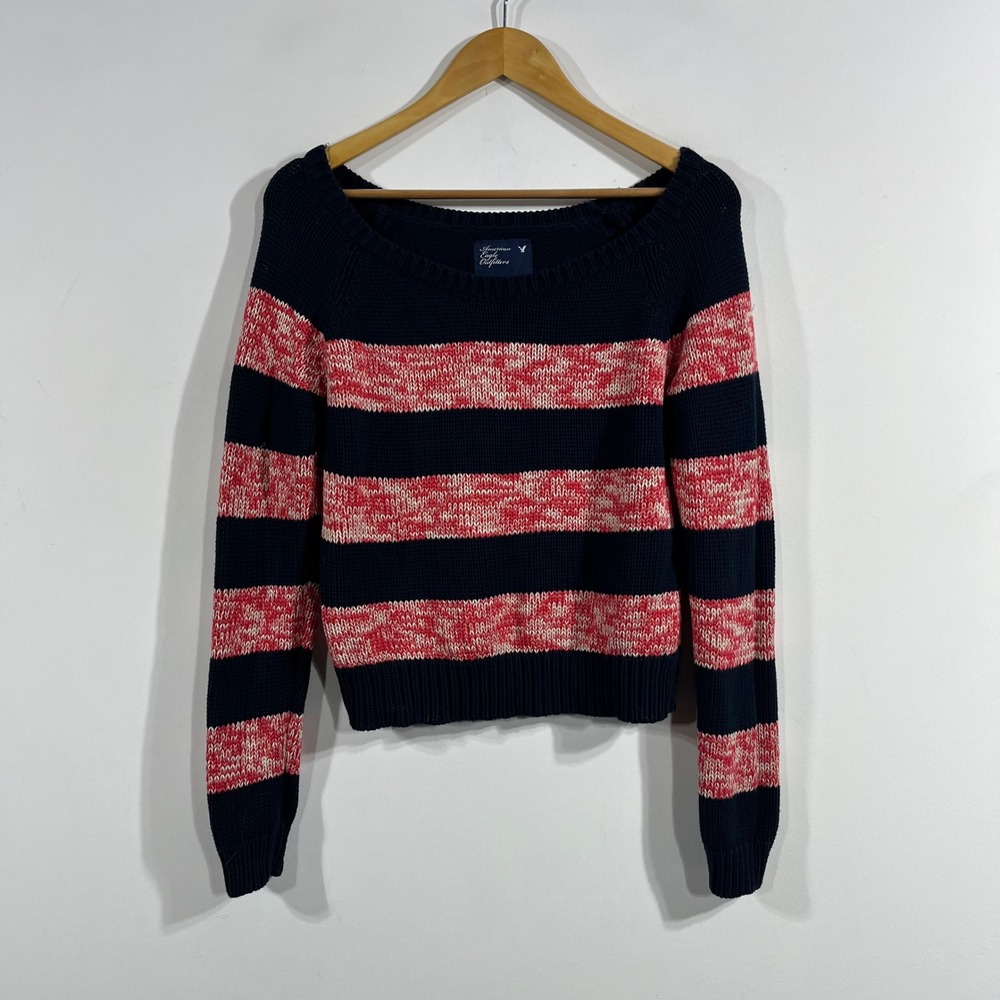 American Eagle Granola Chunky Striped Cotton Sweater Navy Knit Womens Medium 90s